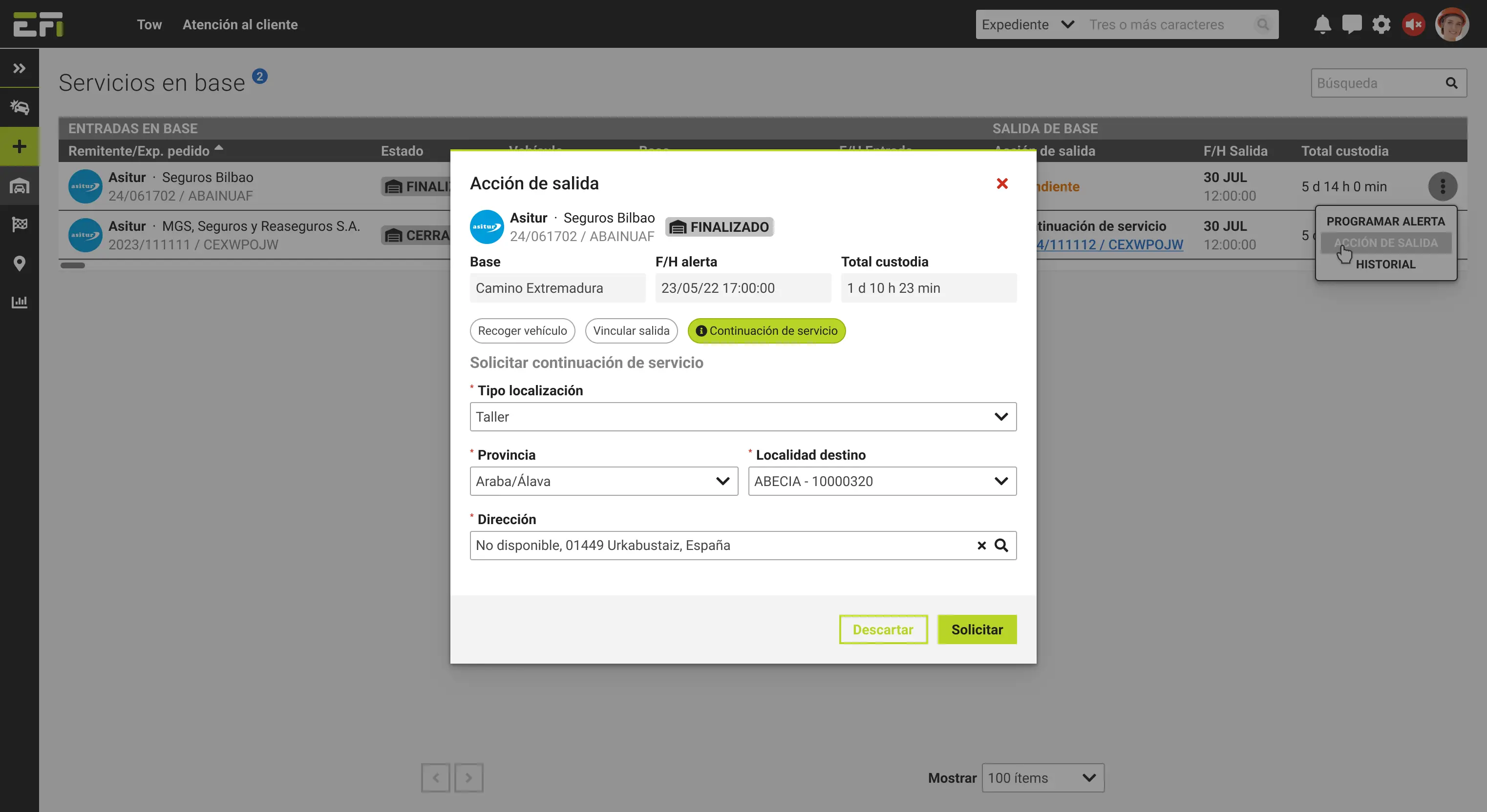 Continuación de servicio desde el apartado 'En base'.