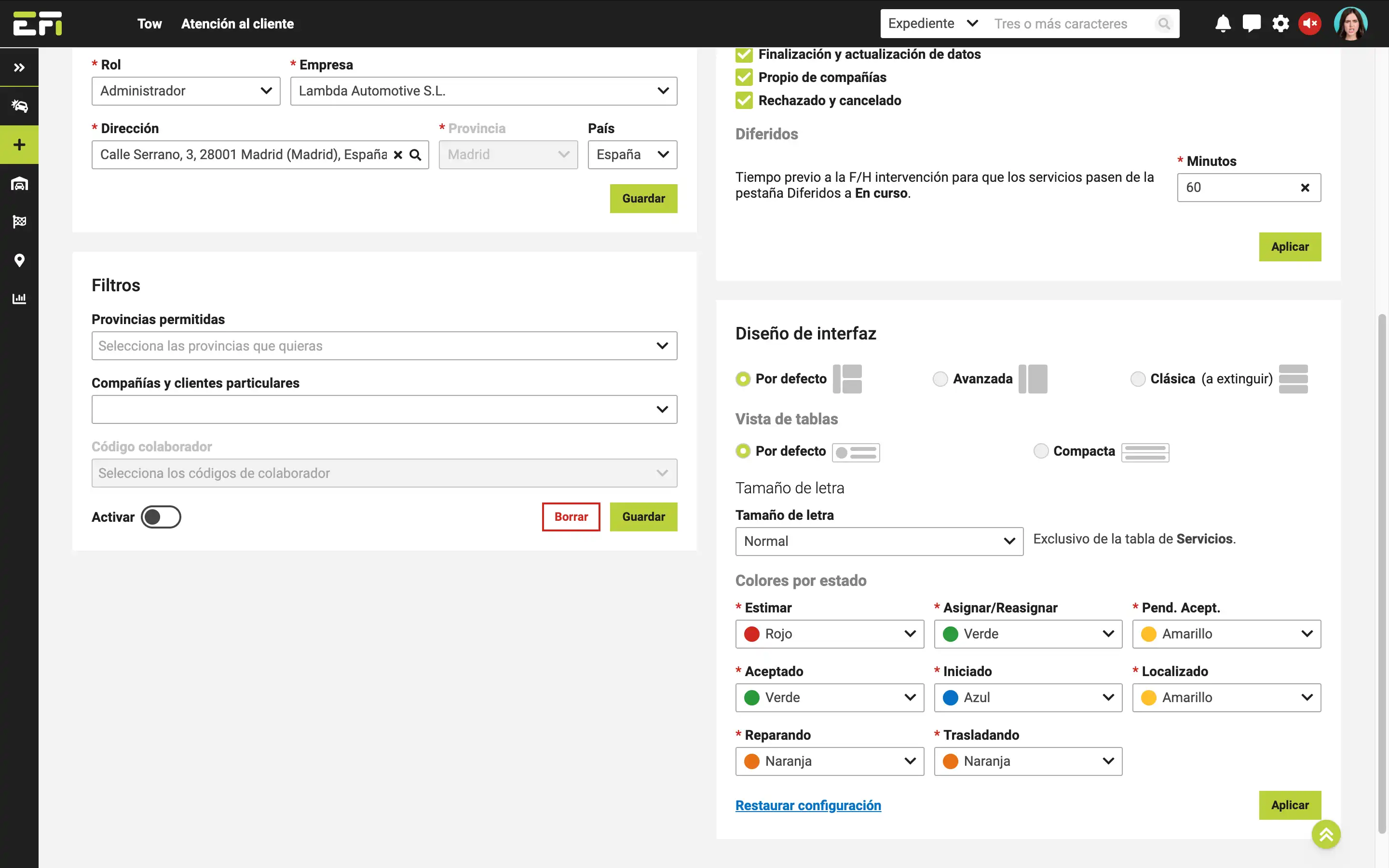 Configuración de diseño de interfaz en 'Perfil'.