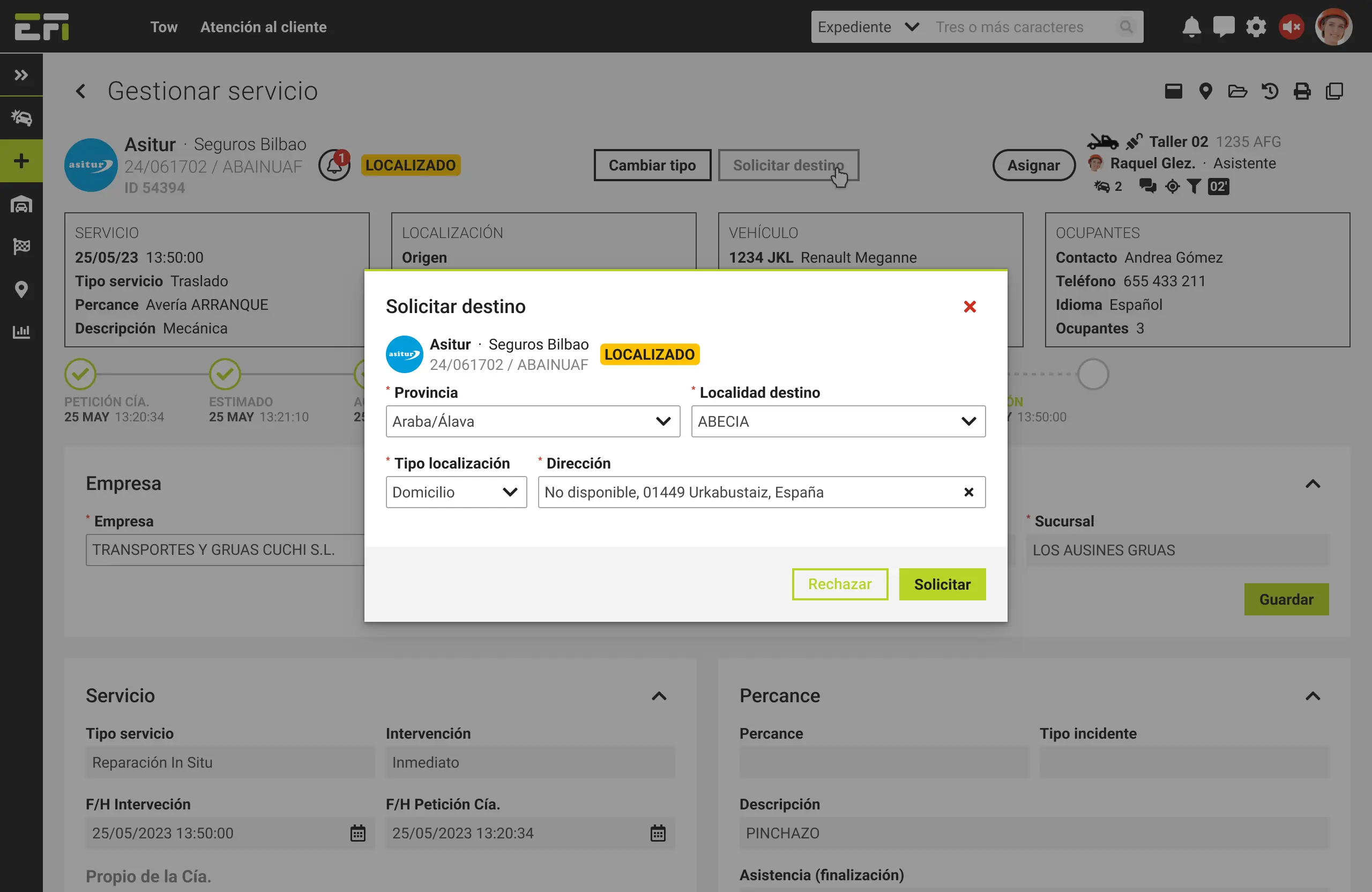 Solicitar cambio de destino en servicios localizados de Asitur.